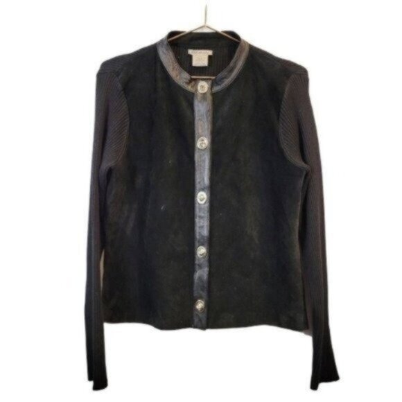 Escapade Vintage | Leather Trim Suede Ribbed Cardigan Jacket Black - Picture 1 of 8